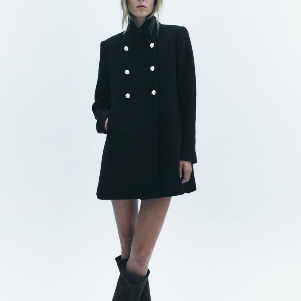 Zara Black Pea Coat with Gold Button Accents